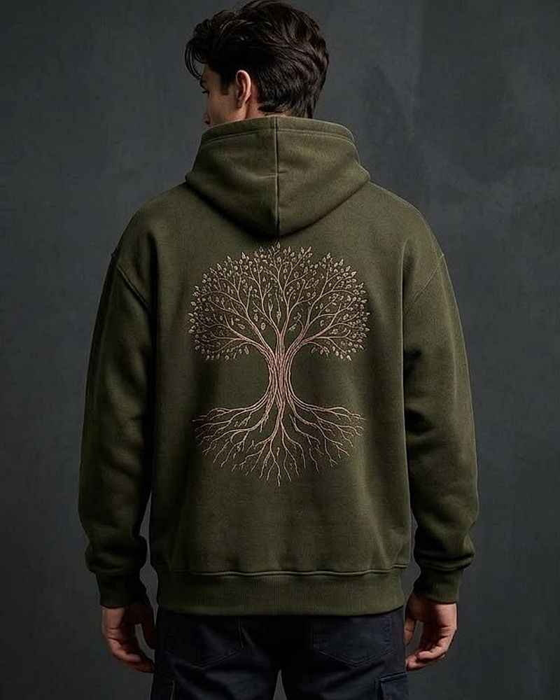 Olive Green hoodie, worn · back